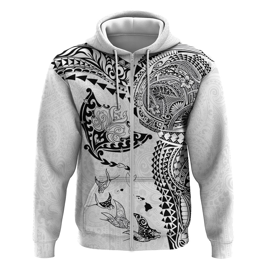 Hawaiian Manta Ray Tribal Hoodie Polynesian Art Motifs White Color LT03 Zip Hoodie White - Polynesian Pride