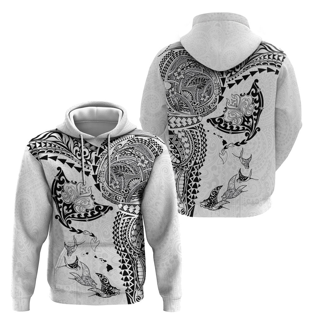 Hawaiian Manta Ray Tribal Hoodie Polynesian Art Motifs White Color LT03 - Polynesian Pride