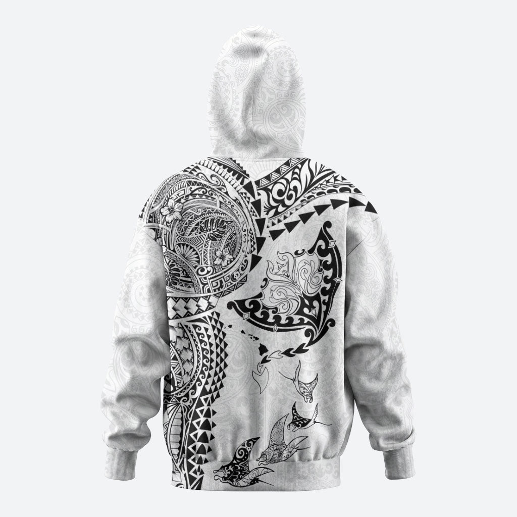 Hawaiian Manta Ray Tribal Hoodie Polynesian Art Motifs White Color LT03 - Polynesian Pride