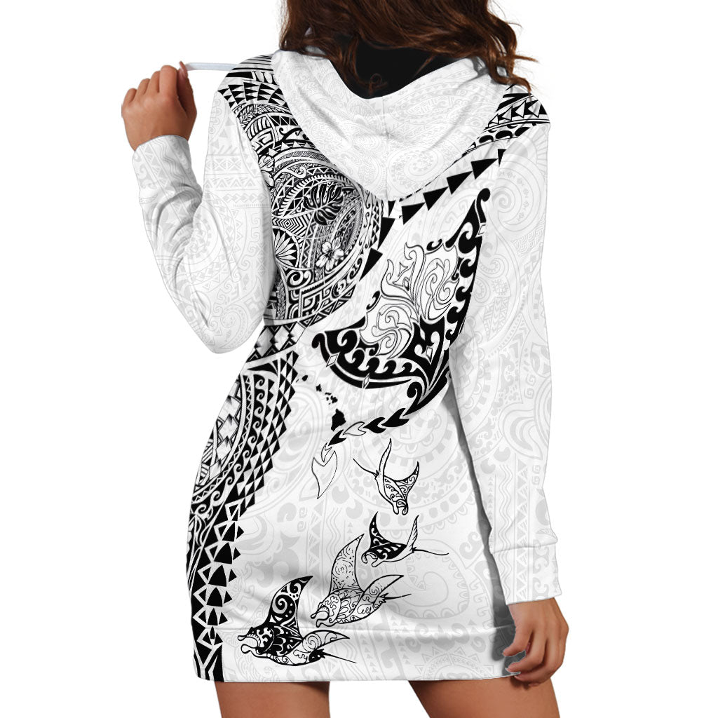 Hawaiian Manta Ray Tribal Hoodie Dress Polynesian Art Motifs White Color