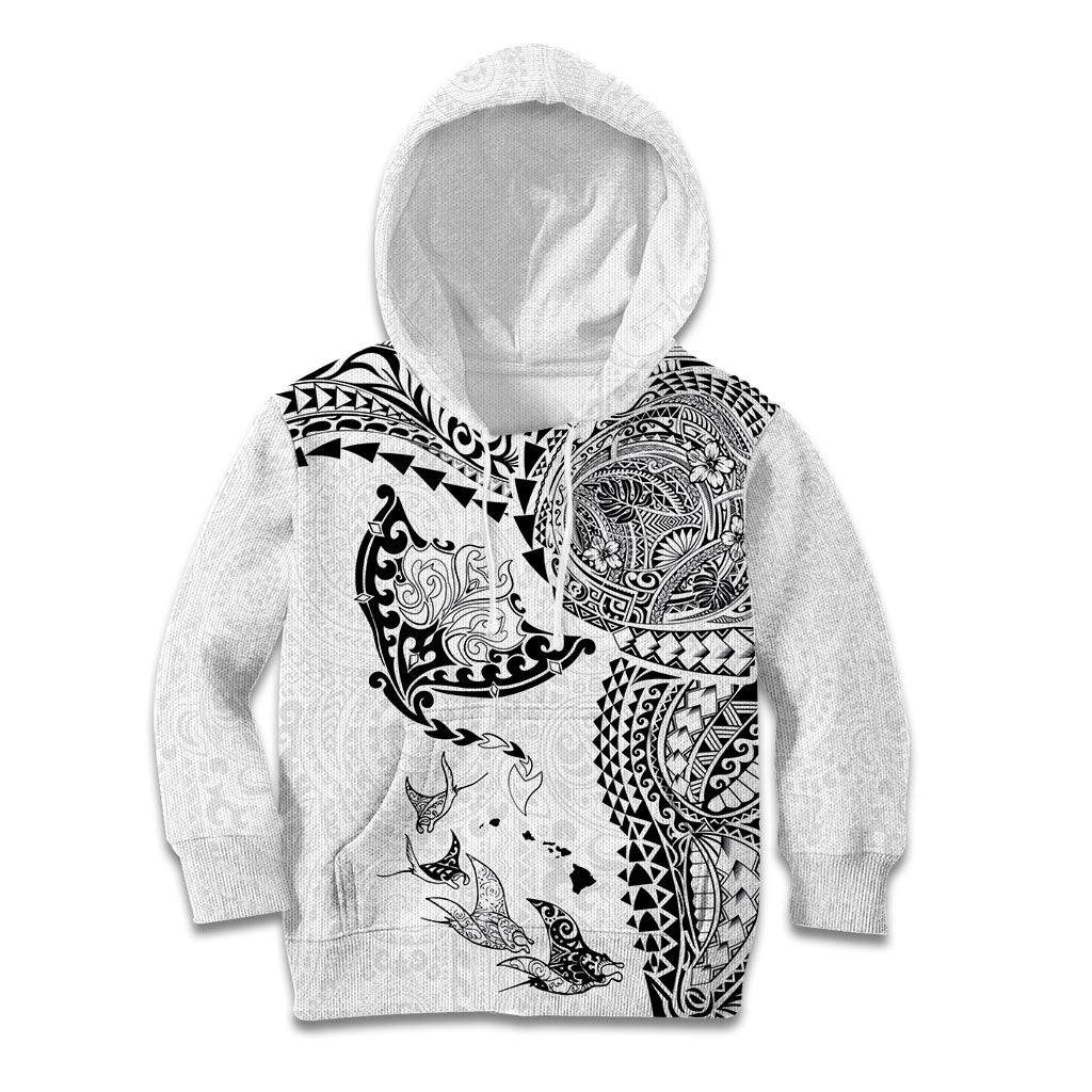 Hawaiian Manta Ray Tribal Kid Hoodie Polynesian Art Motifs White Color