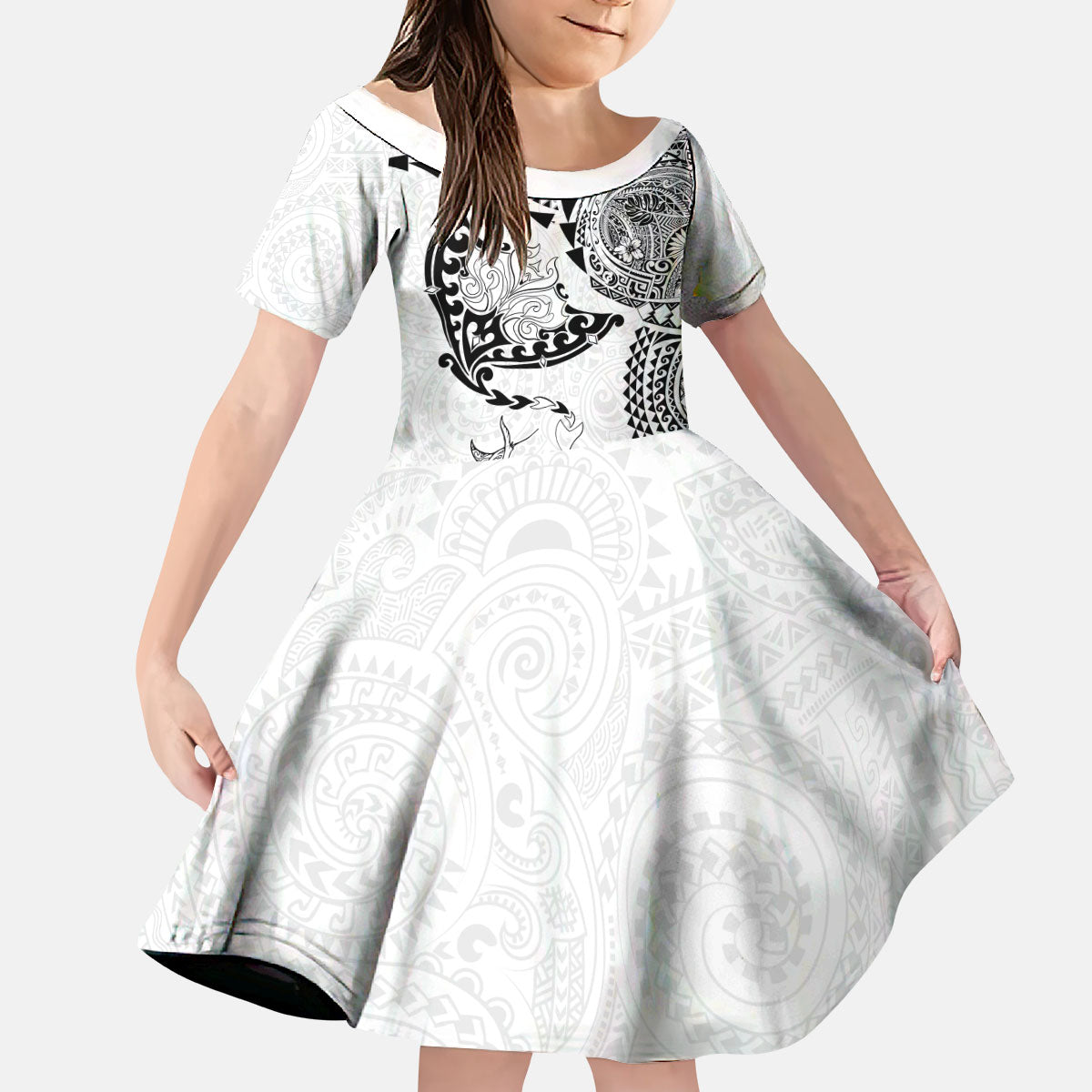 Hawaiian Manta Ray Tribal Kid Short Sleeve Dress Polynesian Art Motifs White Color