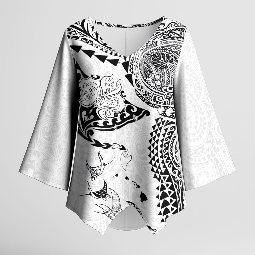 Hawaiian Manta Ray Tribal Kimono Sleeve Blouse Polynesian Art Motifs White Color