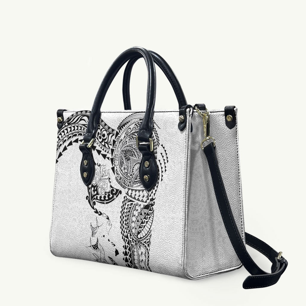 Hawaiian Manta Ray Tribal Leather Bag Polynesian Art Motifs White Color