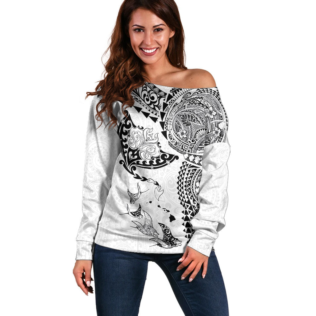 Hawaiian Manta Ray Tribal Off Shoulder Sweater Polynesian Art Motifs White Color