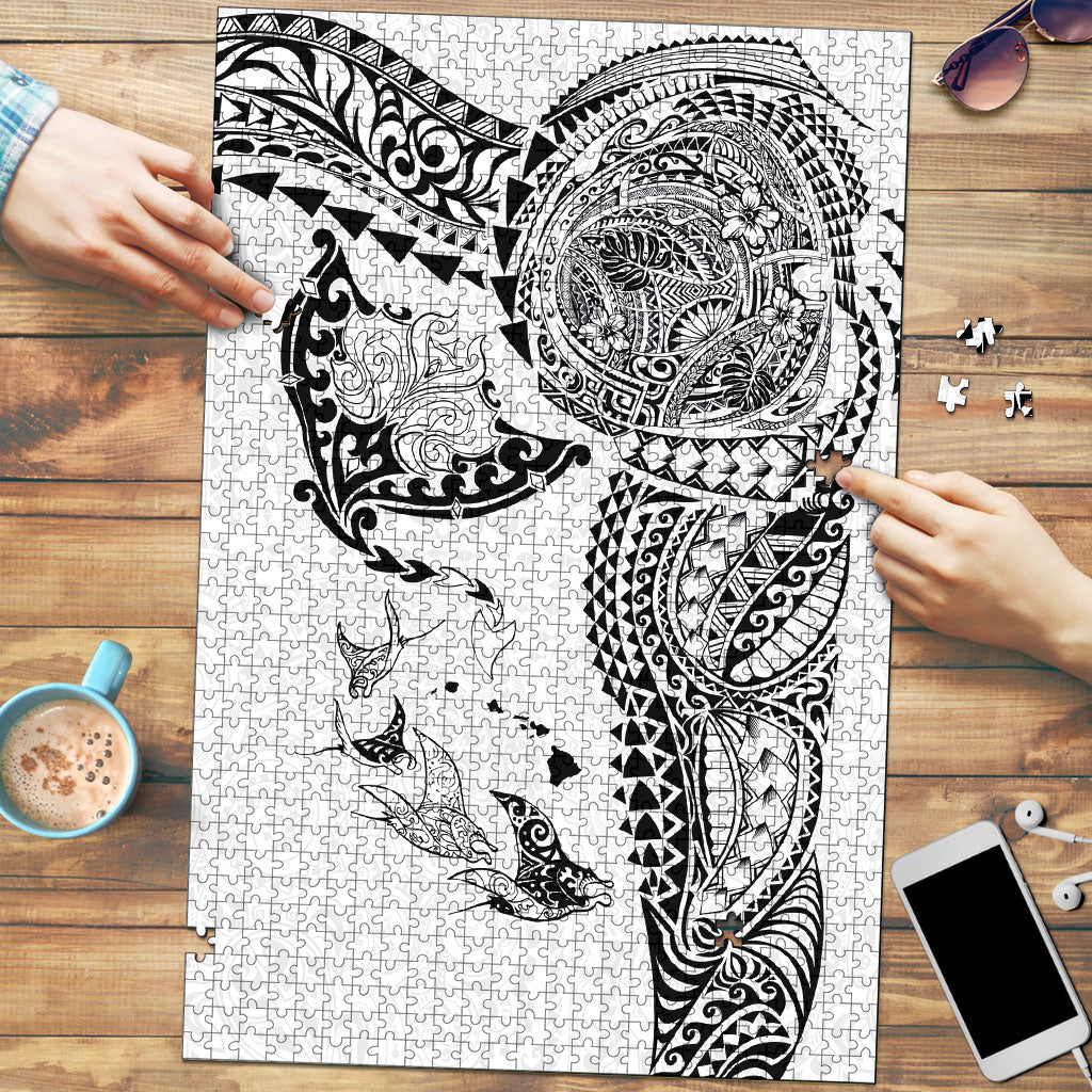 Hawaiian Manta Ray Tribal Puzzle Polynesian Art Motifs White Color LT03 White - Polynesian Pride