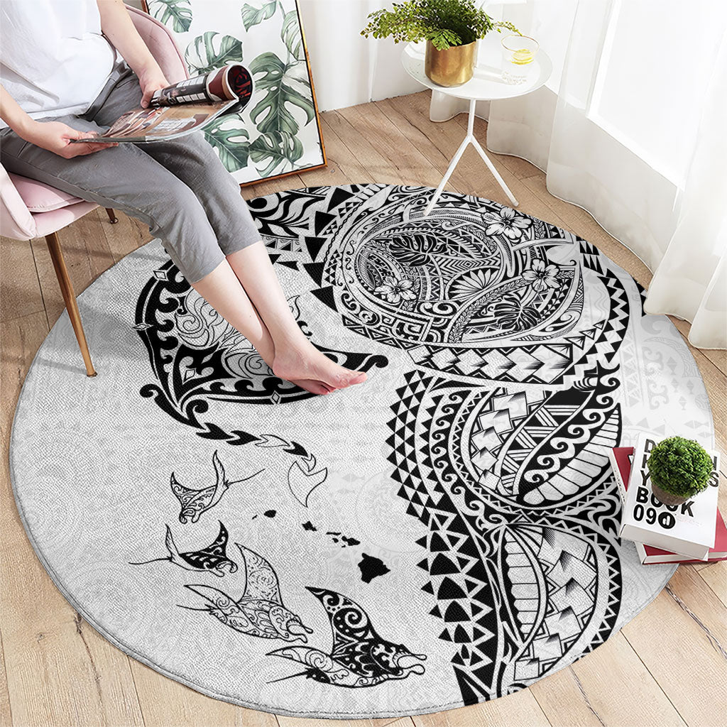 Hawaiian Manta Ray Tribal Round Carpet Polynesian Art Motifs White Color