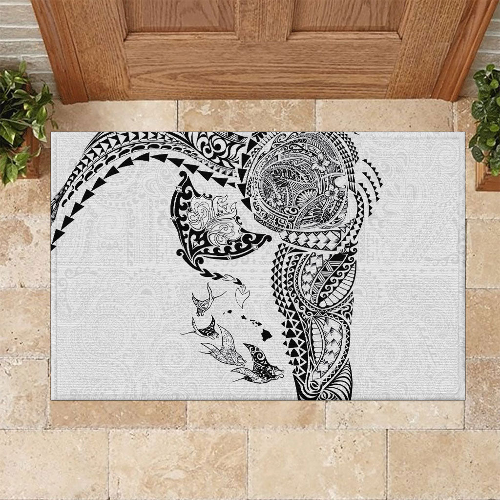 Hawaiian Manta Ray Tribal Rubber Doormat Polynesian Art Motifs White Color