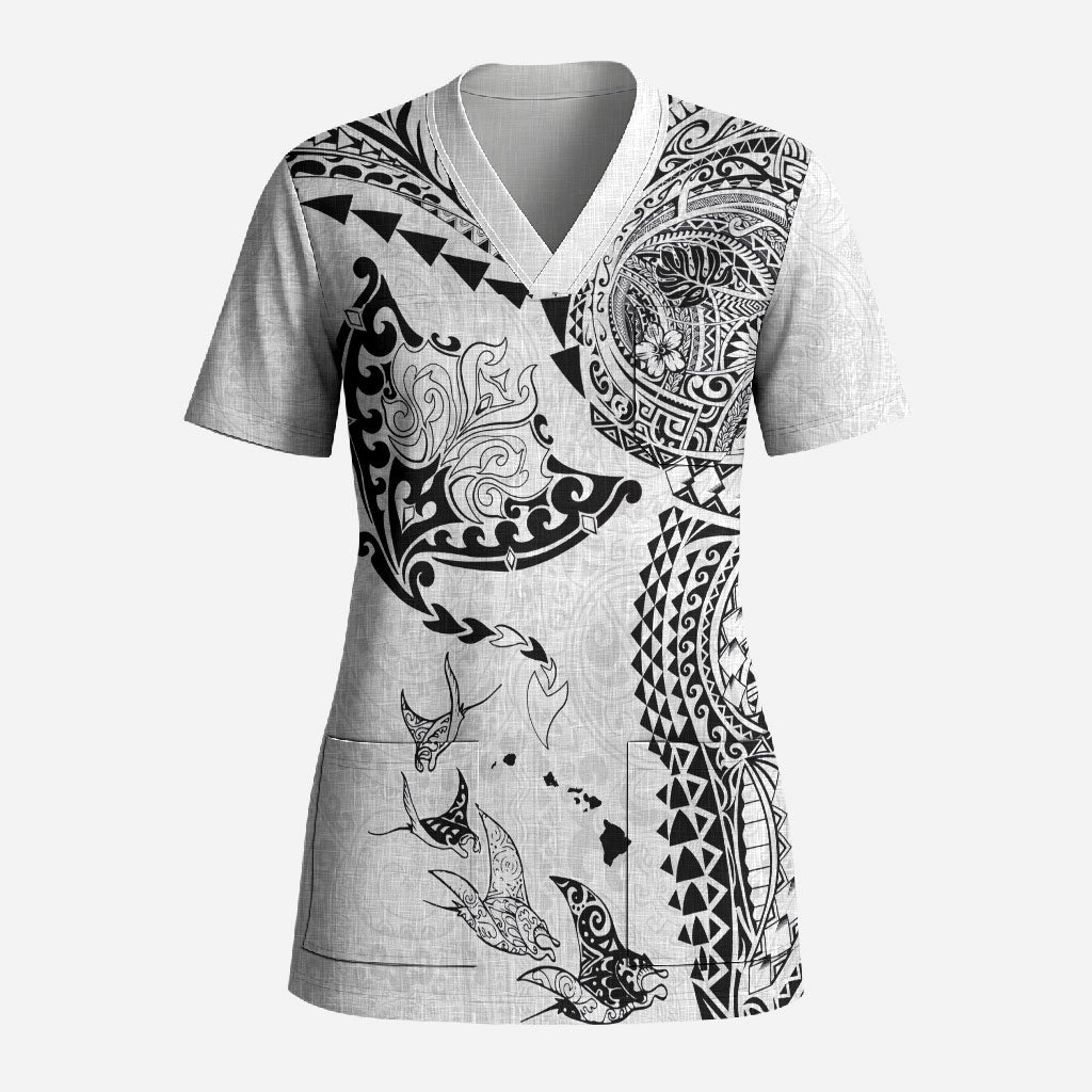 Hawaiian Manta Ray Tribal Scrub Top Polynesian Art Motifs White Color
