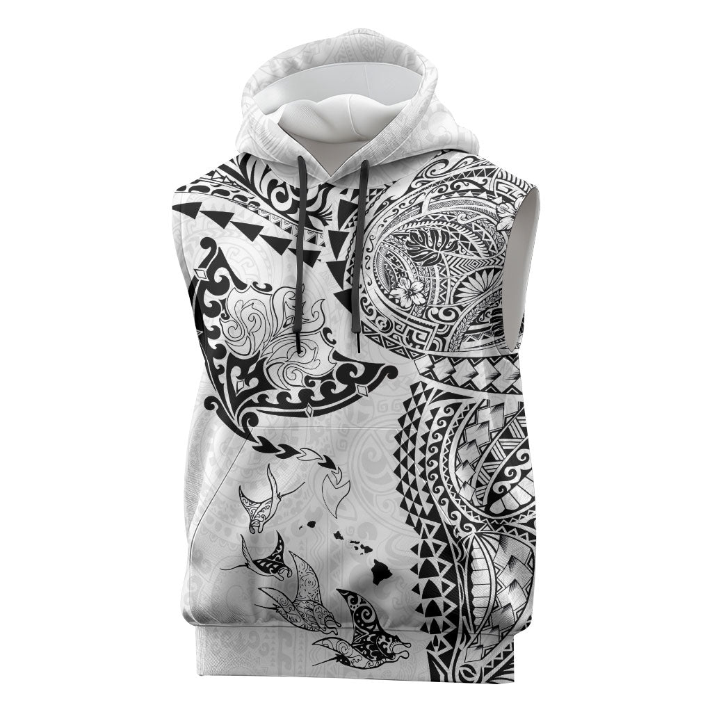 Hawaiian Manta Ray Tribal Sleeveless Hoodie Polynesian Art Motifs White Color