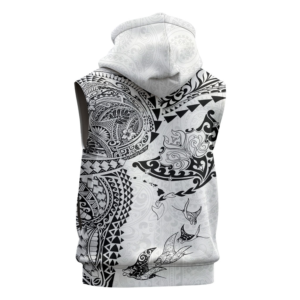 Hawaiian Manta Ray Tribal Sleeveless Hoodie Polynesian Art Motifs White Color