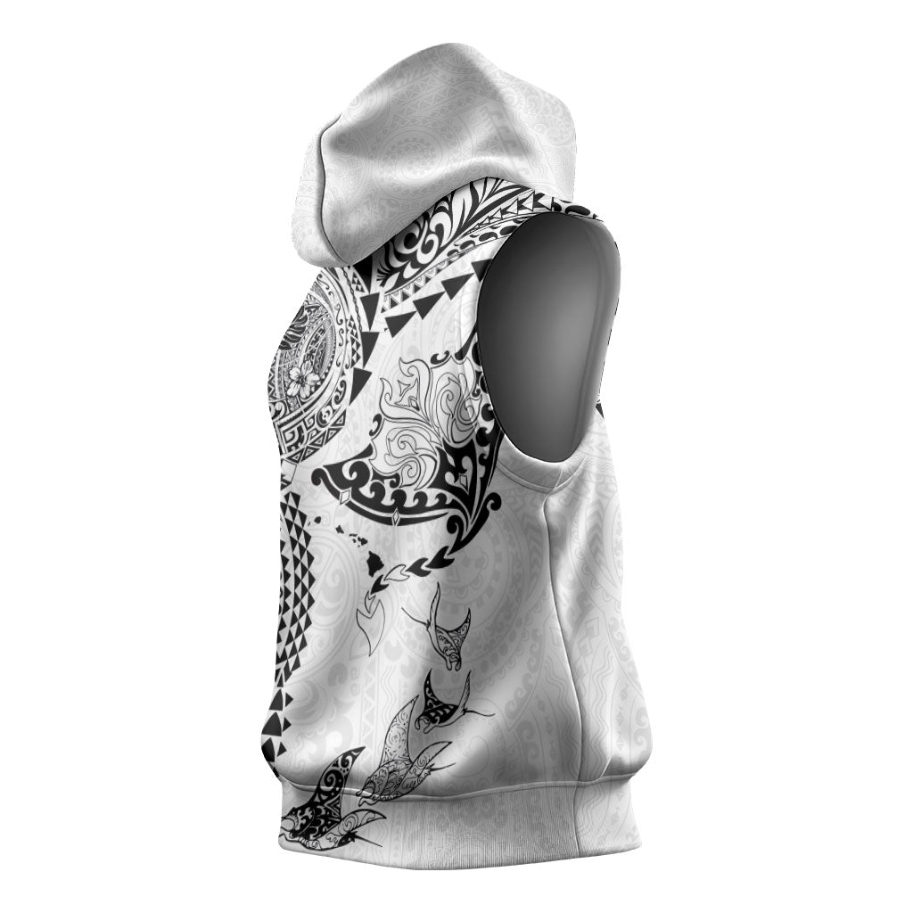 Hawaiian Manta Ray Tribal Sleeveless Hoodie Polynesian Art Motifs White Color