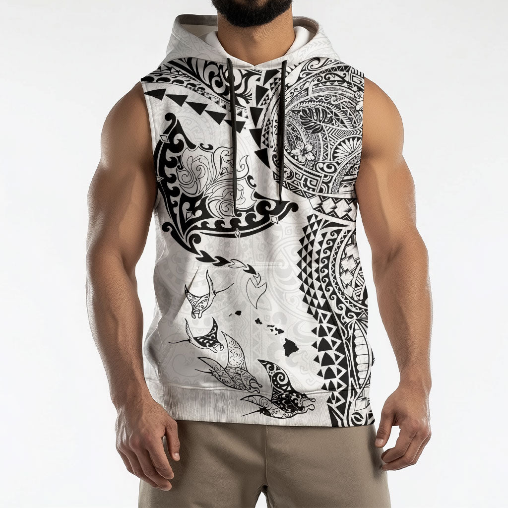Hawaiian Manta Ray Tribal Sleeveless Hoodie Polynesian Art Motifs White Color