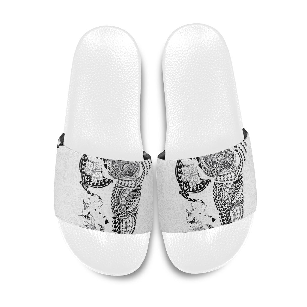 Hawaiian Manta Ray Tribal Slide Sandals Polynesian Art Motifs White Color