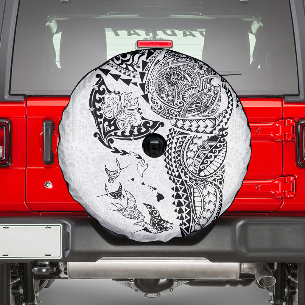 Hawaiian Manta Ray Tribal Spare Tire Cover Polynesian Art Motifs White Color