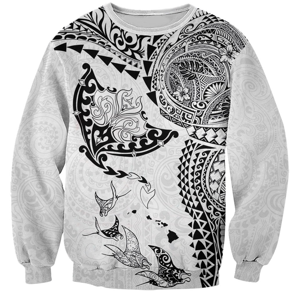 Hawaiian Manta Ray Tribal Sweatshirt Polynesian Art Motifs White Color LT03 Unisex White - Polynesian Pride
