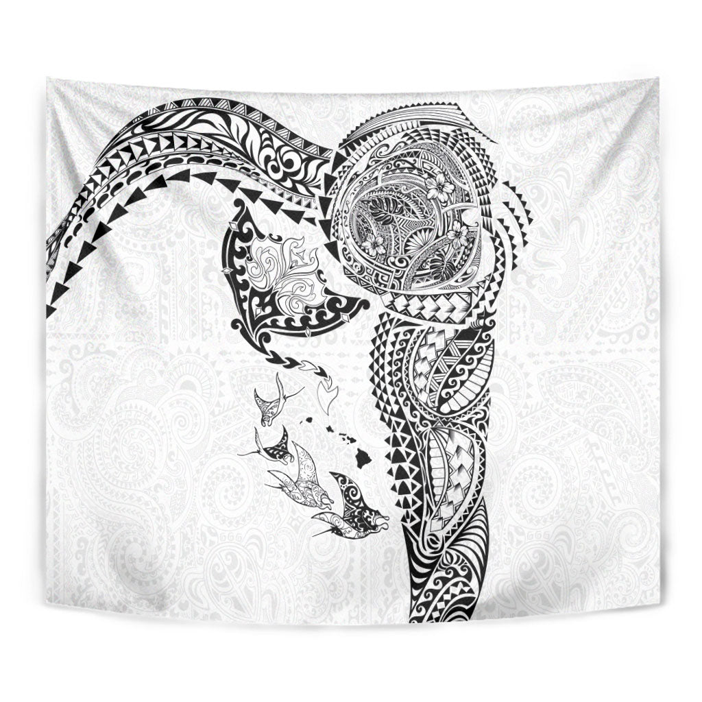 Hawaiian Manta Ray Tribal Tapestry Polynesian Art Motifs White Color