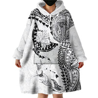 Hawaiian Manta Ray Tribal Wearable Blanket Hoodie Polynesian Art Motifs White Color