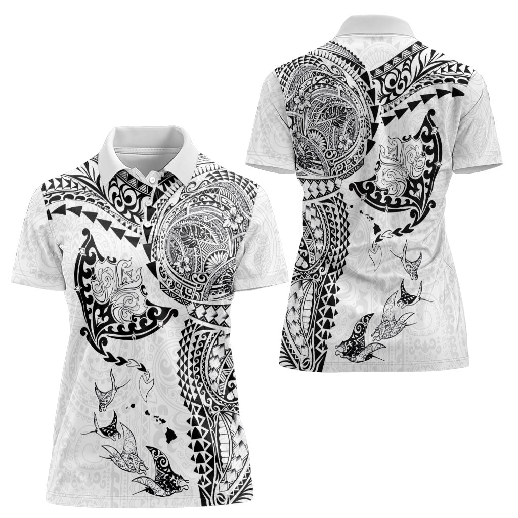 Hawaiian Manta Ray Tribal Women Polo Shirt Polynesian Art Motifs White Color