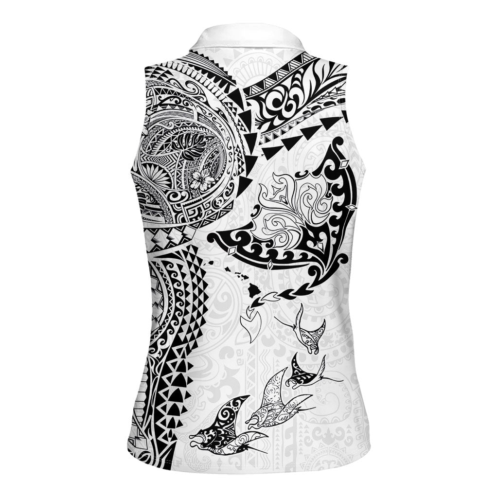Hawaiian Manta Ray Tribal Women Sleeveless Polo Shirt Polynesian Art Motifs White Color