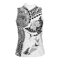 Hawaiian Manta Ray Tribal Women Sleeveless Polo Shirt Polynesian Art Motifs White Color