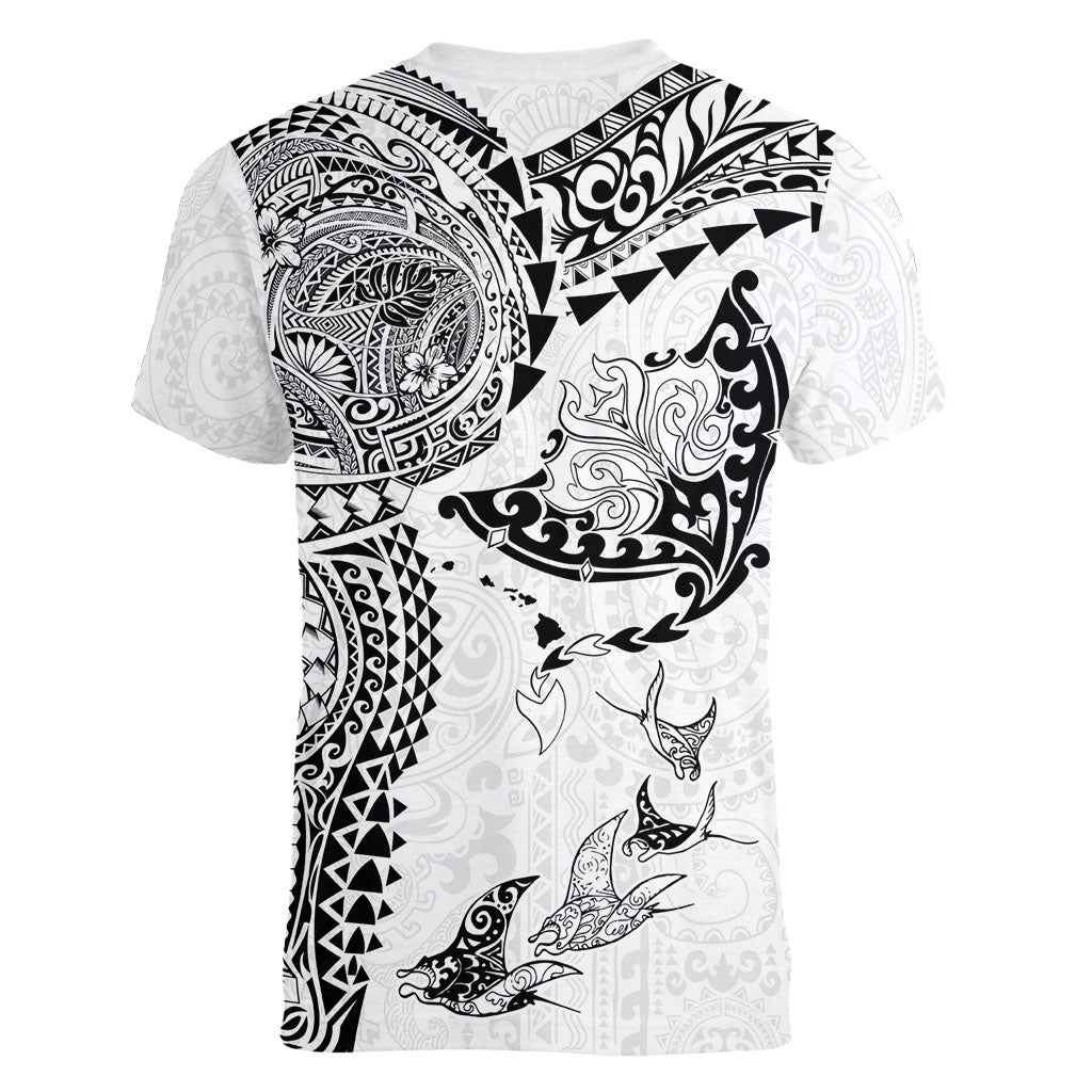 Hawaiian Manta Ray Tribal Women V-Neck T-Shirt Polynesian Art Motifs White Color