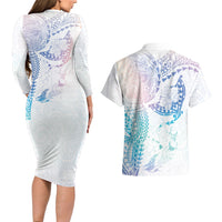 Hawaiian Manta Ray Tribal Couples Matching Long Sleeve Bodycon Dress and Hawaiian Shirt Polynesian Art Motifs Sweet Pastel
