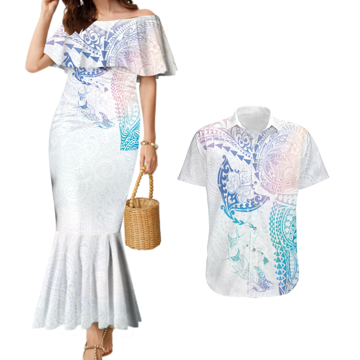 Hawaiian Manta Ray Tribal Couples Matching Mermaid Dress and Hawaiian Shirt Polynesian Art Motifs Sweet Pastel