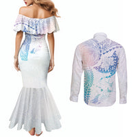 Hawaiian Manta Ray Tribal Couples Matching Mermaid Dress and Long Sleeve Button Shirt Polynesian Art Motifs Sweet Pastel