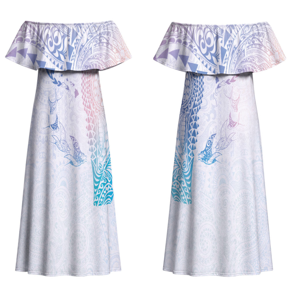 Hawaiian Manta Ray Tribal Couples Matching Off Shoulder Maxi Dress and Long Sleeve Button Shirt Polynesian Art Motifs Sweet Pastel LT03 - Polynesian Pride