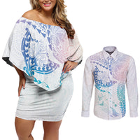 Hawaiian Manta Ray Tribal Couples Matching Off Shoulder Short Dress and Long Sleeve Button Shirt Polynesian Art Motifs Sweet Pastel