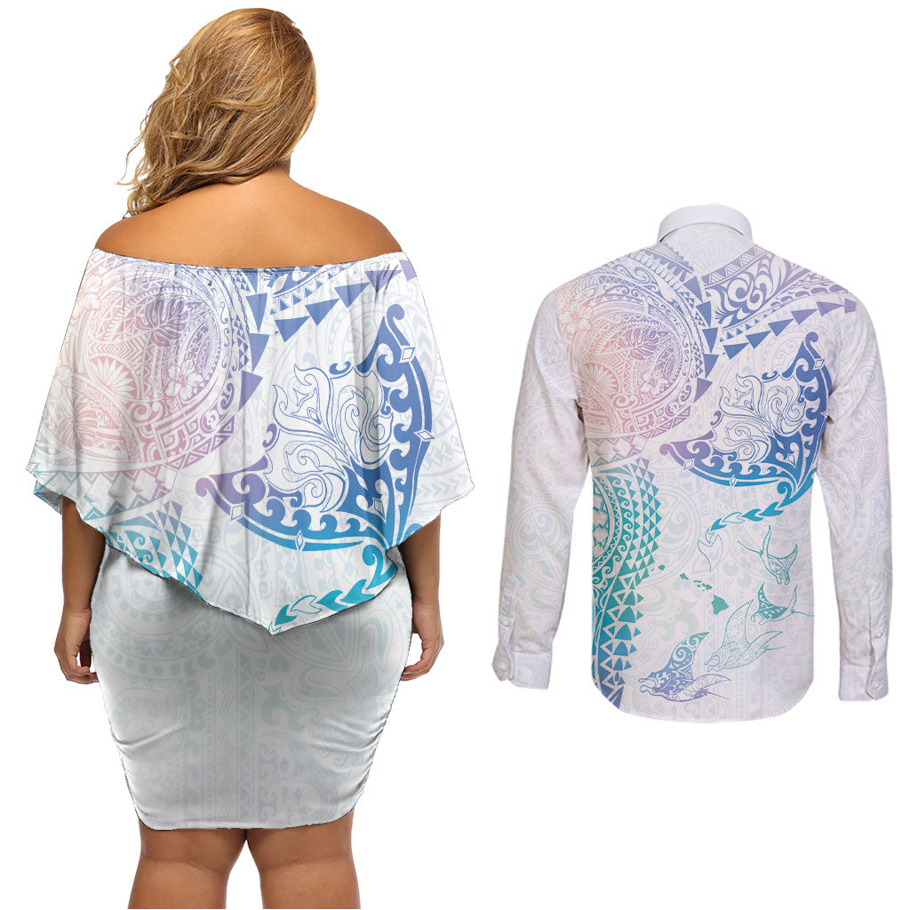 Hawaiian Manta Ray Tribal Couples Matching Off Shoulder Short Dress and Long Sleeve Button Shirt Polynesian Art Motifs Sweet Pastel