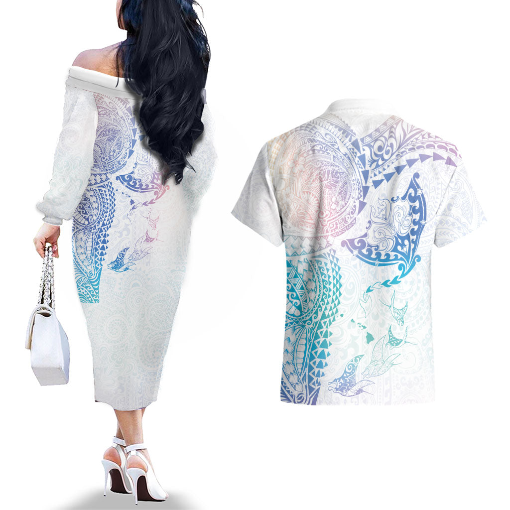 Hawaiian Manta Ray Tribal Couples Matching Off The Shoulder Long Sleeve Dress and Hawaiian Shirt Polynesian Art Motifs Sweet Pastel