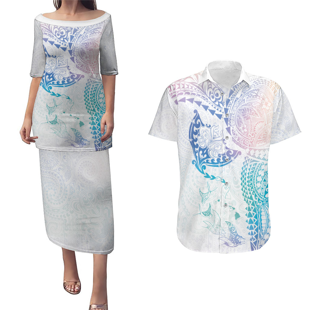 Hawaiian Manta Ray Tribal Couples Matching Puletasi and Hawaiian Shirt Polynesian Art Motifs Sweet Pastel
