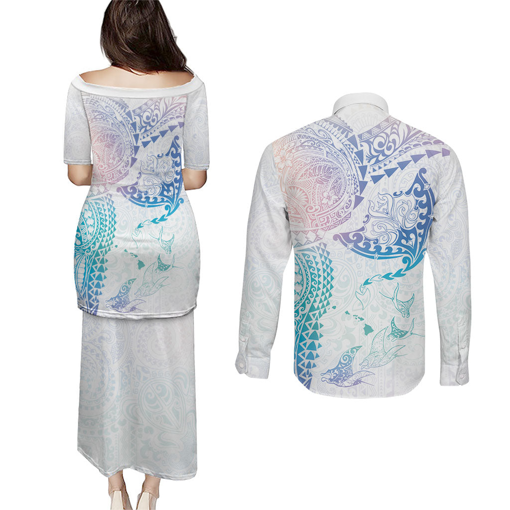 Hawaiian Manta Ray Tribal Couples Matching Puletasi and Long Sleeve Button Shirt Polynesian Art Motifs Sweet Pastel