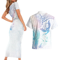 Hawaiian Manta Ray Tribal Couples Matching Short Sleeve Bodycon Dress and Hawaiian Shirt Polynesian Art Motifs Sweet Pastel