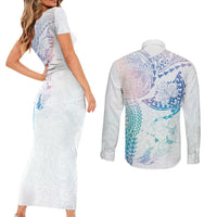 Hawaiian Manta Ray Tribal Couples Matching Short Sleeve Bodycon Dress and Long Sleeve Button Shirt Polynesian Art Motifs Sweet Pastel