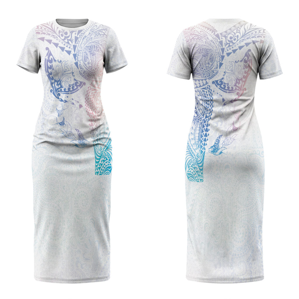 Hawaiian Manta Ray Tribal Couples Matching Short Sleeve Bodycon Dress and Long Sleeve Button Shirt Polynesian Art Motifs Sweet Pastel LT03 - Polynesian Pride