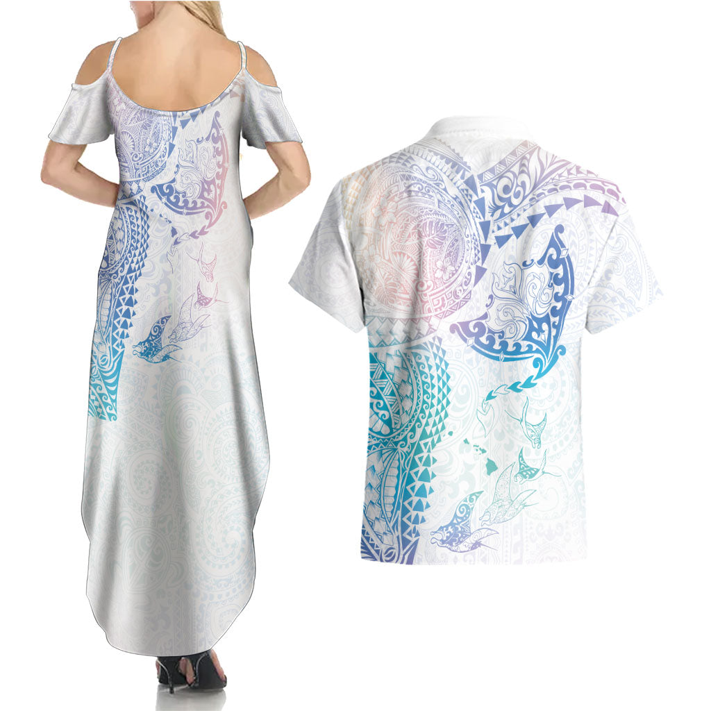 Hawaiian Manta Ray Tribal Couples Matching Summer Maxi Dress and Hawaiian Shirt Polynesian Art Motifs Sweet Pastel