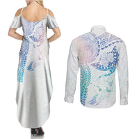 Hawaiian Manta Ray Tribal Couples Matching Summer Maxi Dress and Long Sleeve Button Shirt Polynesian Art Motifs Sweet Pastel