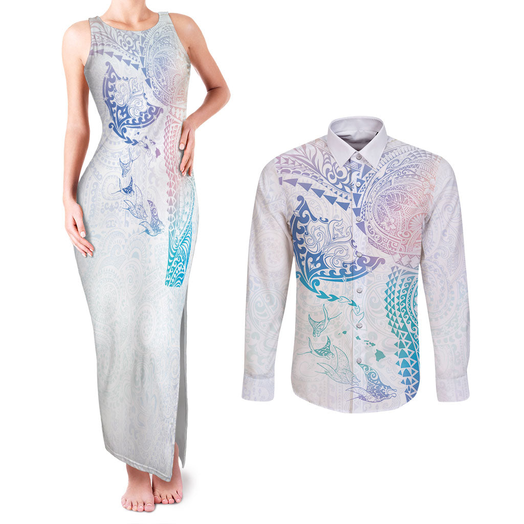Hawaiian Manta Ray Tribal Couples Matching Tank Maxi Dress and Long Sleeve Button Shirt Polynesian Art Motifs Sweet Pastel