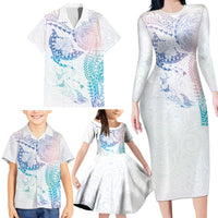 Hawaiian Manta Ray Tribal Family Matching Long Sleeve Bodycon Dress and Hawaiian Shirt Polynesian Art Motifs Sweet Pastel