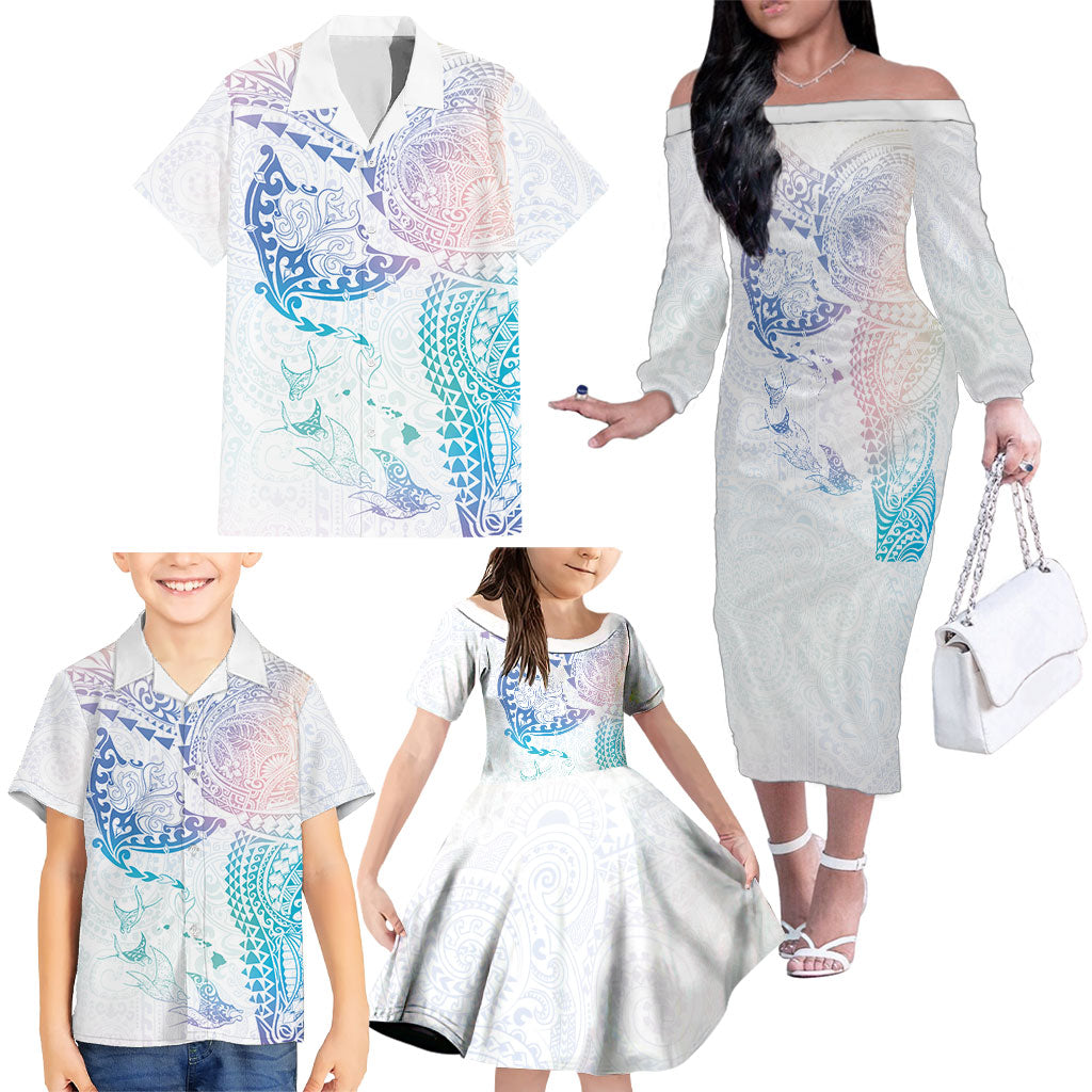 Hawaiian Manta Ray Tribal Family Matching Off The Shoulder Long Sleeve Dress and Hawaiian Shirt Polynesian Art Motifs Sweet Pastel
