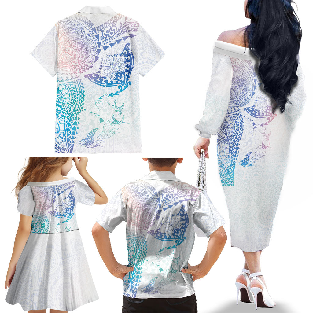 Hawaiian Manta Ray Tribal Family Matching Off The Shoulder Long Sleeve Dress and Hawaiian Shirt Polynesian Art Motifs Sweet Pastel