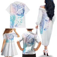 Hawaiian Manta Ray Tribal Family Matching Off The Shoulder Long Sleeve Dress and Hawaiian Shirt Polynesian Art Motifs Sweet Pastel