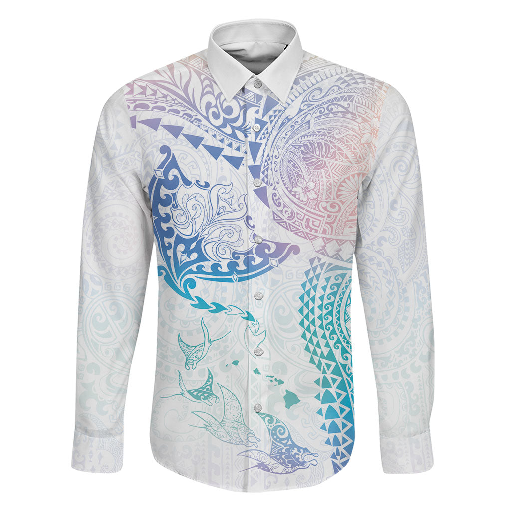 Hawaiian Manta Ray Tribal Family Matching Off The Shoulder Long Sleeve Dress and Hawaiian Shirt Polynesian Art Motifs Sweet Pastel