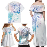 Hawaiian Manta Ray Tribal Family Matching Off Shoulder Maxi Dress and Hawaiian Shirt Polynesian Art Motifs Sweet Pastel