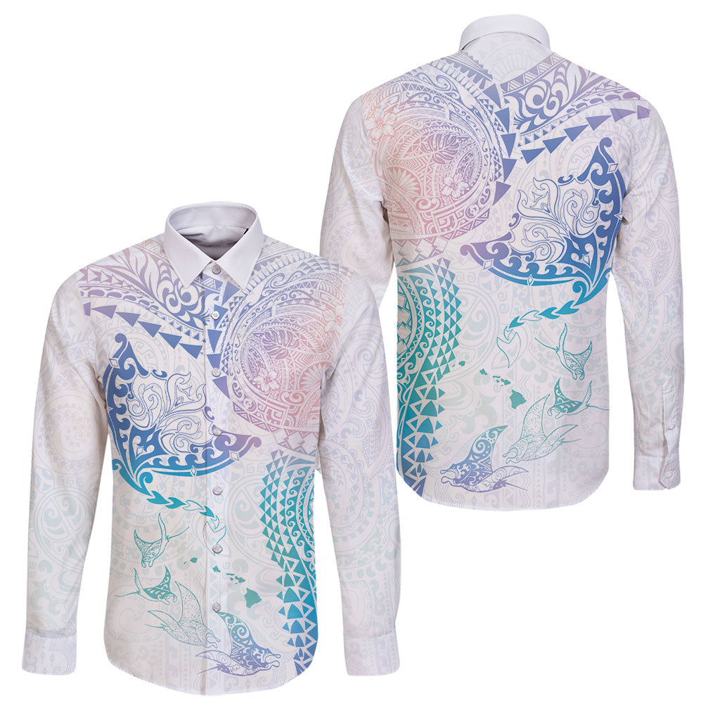 Hawaiian Manta Ray Tribal Family Matching Puletasi and Hawaiian Shirt Polynesian Art Motifs Sweet Pastel LT03 Dad's Shirt - Long Sleeve Multicolor - Polynesian Pride