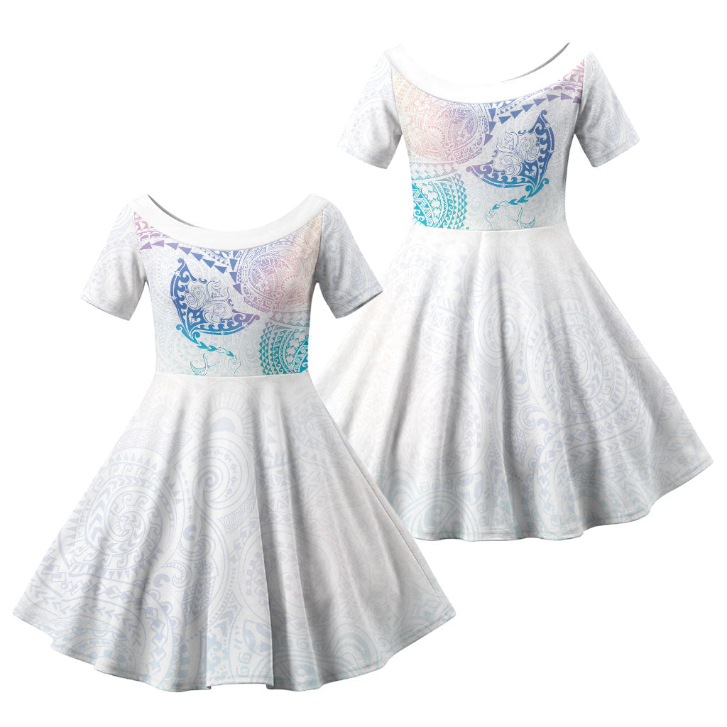 Hawaiian Manta Ray Tribal Family Matching Puletasi and Hawaiian Shirt Polynesian Art Motifs Sweet Pastel LT03 Daughter's Dress Multicolor - Polynesian Pride