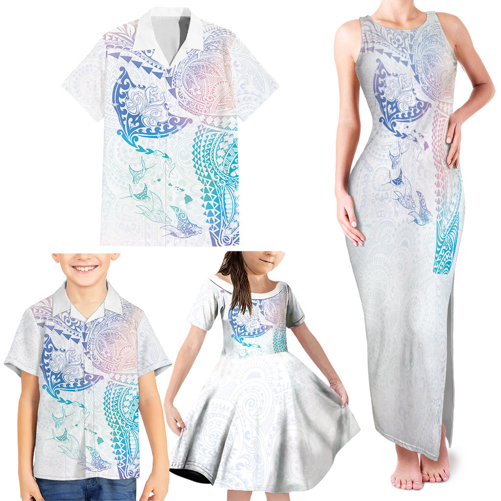 Hawaiian Manta Ray Tribal Family Matching Tank Maxi Dress and Hawaiian Shirt Polynesian Art Motifs Sweet Pastel
